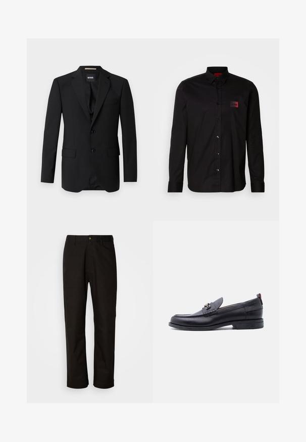 Zwart colbert met notched kleppen, enkelsluiting, twee knopen en twee voorzakken. Glad materiaal en op maat gemaakte pasvorm.; Zwart shirt met lange mouwen van gladde stof, voorzien van een knoopsluiting, een klassieke kraag en een klein rood merklabel op de borst.; Zwarte katoenen broek met een rechte snit, riemlussen, een ritssluiting aan de voorkant en een enkele knoopsluiting. Soepele textuur zonder zichtbare patronen.; Zwarte leren loafer met grijze, gestructureerde vamp, zilveren metalen gesp, lage hak en trekkoord aan de achterkant.