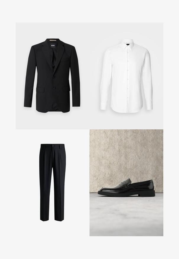 Sort blazer med spidse klapper, enknapsdesign, to knapper og to frontlommer. Glat stof og skræddersyet pasform.; Hvid skjorte med lange ærmer, knaplukning foran, klassisk krave, lavet af glat stof med en subtil tekstur, designet til et tætsiddende udseende.; Sorte bukser lavet af glat stof, med lige ben-design, plisseringer foran og knaplukning med bæltestropper.; Sort poleret læderloafer flydende over beige tæppe med orange gennemsigtigt møbel i baggrunden.
