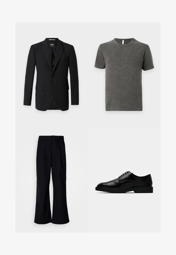 Zwart colbert met notched kleppen, enkelsluiting, twee knopen en twee voorzakken. Glad materiaal en op maat gemaakte pasvorm.; Grijze ronde hals T-shirt gemaakt van zachte stof, met korte mouwen en een rechte zoom. Soepele textuur zonder zichtbare patronen of accenten.; Zwarte wijde pantalon van katoen met een voorkruis, voorzien van een knoopsluiting en riemlussen, met een soepele textuur en zonder zichtbare patronen.; Zwarte leren dresschoenen met een gladde afwerking, ronde neus, vetersluiting en een bescheiden rubberen zool voor grip.