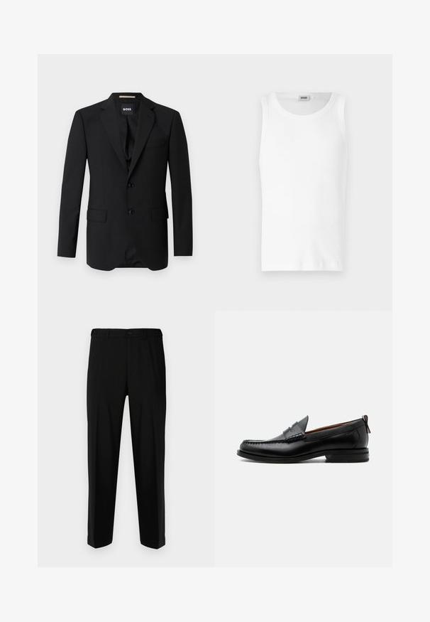 Blazer noir avec revers crantés, design à un bouton, deux boutons et deux poches avant. Tissu lisse et coupe ajustée.; Débardeur en coton blanc sans manches avec un col rond et une texture lisse. Design simple, sans motifs ni accents.; Pantalon noir en tissu lisse, présentant une coupe droite, deux poches avant et une fermeture à glissière avec bouton.; Mocassin homme en cuir noir avec couture moc toe, bride penny, col texturé et petit talon empilé sur fond blanc.