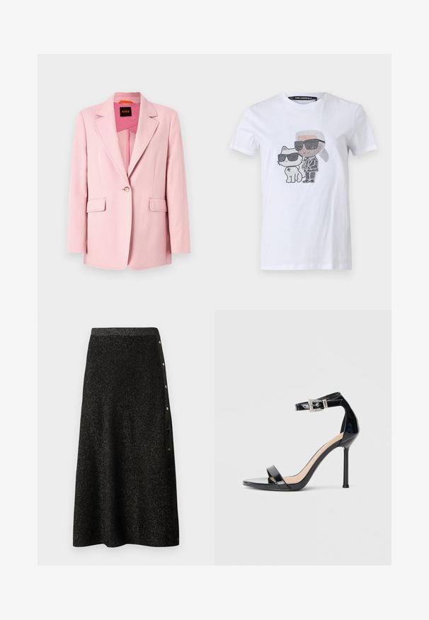Lyserød blazer med en enkelt knap, notch-kraver og to forlommer. Glat stof med en skræddersyet pasform og uden synlige mønstre.; Hvid bomuld T-shirt med et grafisk design, der viser en karakter og en kat iført solbriller, accentueret med sorte og grå detaljer.; Sort midi-nederdel med en subtil glans, udstyret med en tætsiddende talje og en række dekorative knapper langs siden.; Sort højhælet sandal i laklæder med ankelrem. Har minimalistisk design, åben tå og spænde med rhinsten-detaljer.
