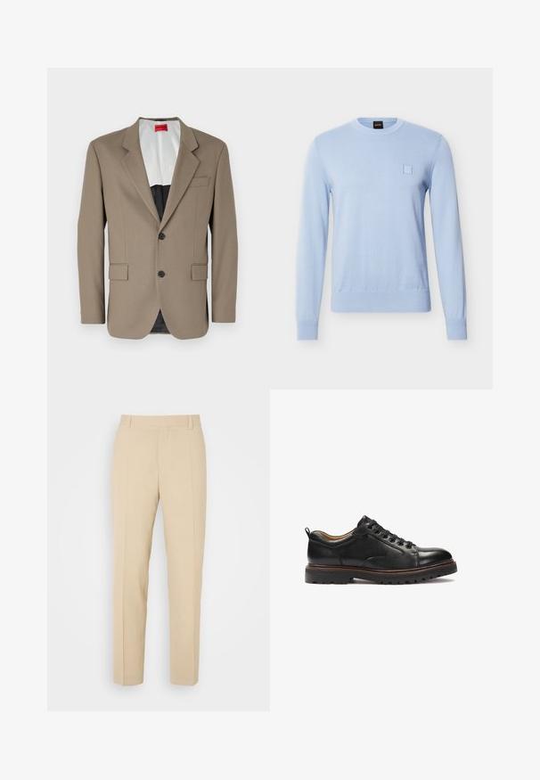 Blazer marron en tissu texturé, doté d'une coupe à un bouton, de deux poches avant et d'un revers cranté. Doublure aux couleurs contrastées.; Pull en maille bleu clair à manches longues avec col rond, poignets et ourlet côtelés, et un petit détail carré cousu sur le côté gauche de la poitrine.; Pantalons beige ajustés avec une coupe droite, fabriqués en tissu léger, dotés de deux poches avant et de plis bien repassés.; Chaussures noires en cuir à lacets avec une finition texturée, bout rond et semelle en caoutchouc robuste comportant un large profil et de subtils accents beiges.