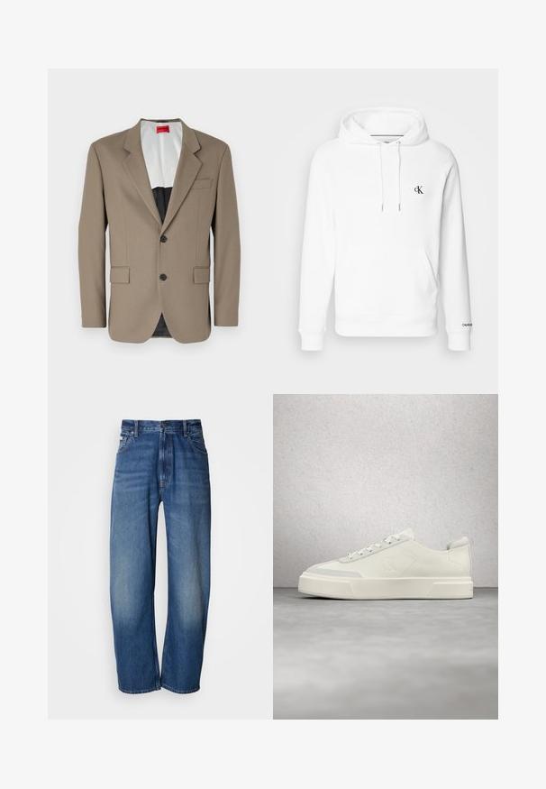 Blazer marron en tissu texturé, doté d'une coupe à un bouton, de deux poches avant et d'un revers cranté. Doublure aux couleurs contrastées.; Haut à capuche en coton blanc avec un cordon de serrage, poche avant et logo cK brodé noir sur la poitrine. Poignets et ourlet côtelés.; Jean en denim à jambes larges de couleur bleu moyen. Comprend une fermeture éclair, cinq poches et un léger délavage pour un effet usé. Détails de couture classiques.; Baskets blanches basses avec une semelle épaisse, logo en relief sur le côté et lacets, présentées dans un cadre intérieur moderne et réfléchissant.
