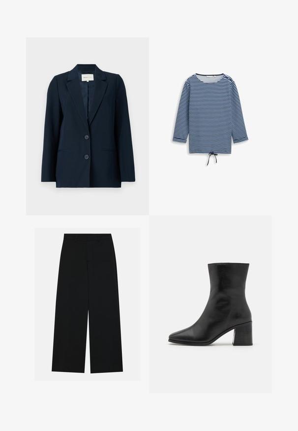 Navyblazer aus glattem Stoff, mit einem einreihigen Design, gekerbten Revers, zwei Knöpfen und praktischen seitlichen Taschen.; Blaues und schwarzes, horizontal gestreiftes Langarmshirt mit rundem Ausschnitt, zwei Schulterknöpfen und einem Kordelzug in der Mitte des Saums.; Schwarzweite Hosen mit weitem Bein aus glattem Stoff. Besitzt einen flachen Bund mit Gürtelschlaufen und ohne sichtbare Taschen. Schlichtes Design.; Schwarze Leder-Ankle Boots, spitzer Zeh, glatte Textur, mittelhoher Blockabsatz, minimalistisches Design und gestickte Abschlüsse entlang des Kragens.