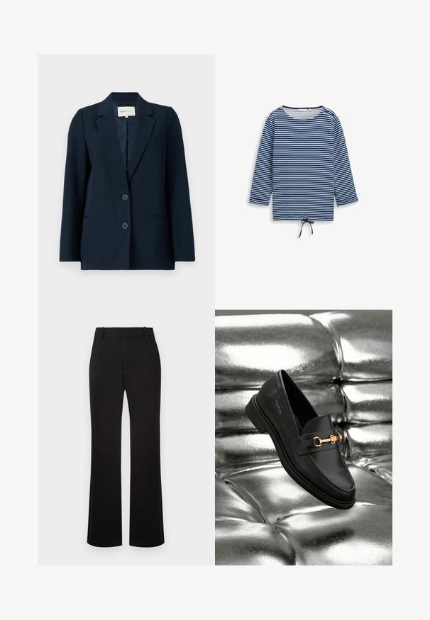 Marineblazer van gladde stof, met een enkelknopenontwerp, reverskraag, twee knopen en zijzakken voor functionaliteit.; Blauw-zwart gestreept shirt met lange mouwen, ronde hals, twee knopen op de schouders en een trekkoord in het midden van de zoom.; Zwarte, rechte broek van gladde stof met een tailleband van gemiddelde hoogte en zonder zichtbare patronen of metalen details.; Zwarte leren instapper met een goudkleurig hardware-detail. De schoen heeft een strak ontwerp en een gladde, glanzende textuur.