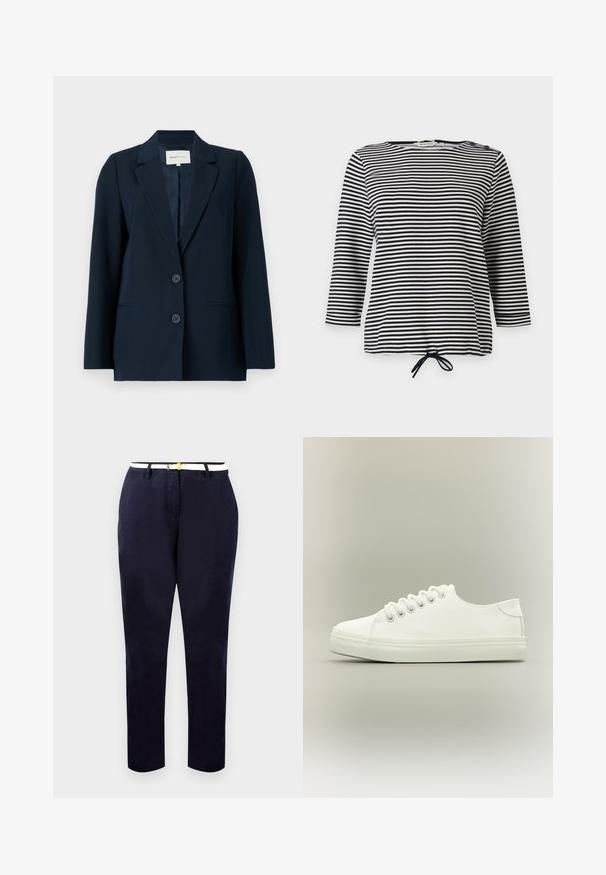 Marineblazer van gladde stof, met een enkelknopenontwerp, reverskraag, twee knopen en zijzakken voor functionaliteit.; Gestreept zwart-wit topje met driekwartmouwen en een trekkoord onderaan, gemaakt van zachte stof met een casual pasvorm.; Marineblauwe chinos met een slim fit, van katoen, en een witte riem met een goudkleurige gesp. Gladde textuur, rechte pijpen, minimalistisch design.; Witte lage sneaker met witte veters en rubberen zool, zijaanzicht op een neutrale achtergrond.