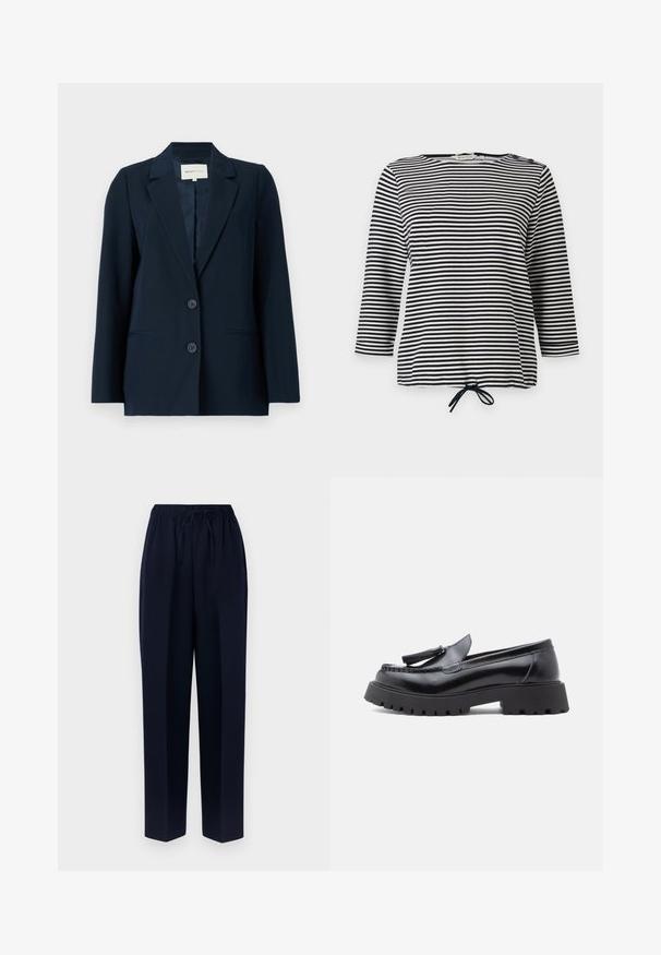 Blazer azul marino hecho de tejido suave, con diseño de un solo boton, solapas con muesca, dos botones y bolsillos laterales para mayor funcionalidad.; Top a rayas en blanco y negro, con mangas tres cuartos y dobladillo ajustable, confeccionado en una tela suave con un corte casual.; Pantalones de pierna ancha en azul marino con cintura elástica y cordón ajustable. Elaborados en tela suave con silueta recta y sin bolsillos.; Mocasines de cuero negro con diseño cónico, adorno de borlas y suela gruesa de goma con patrón de tacos para mayor tracción.