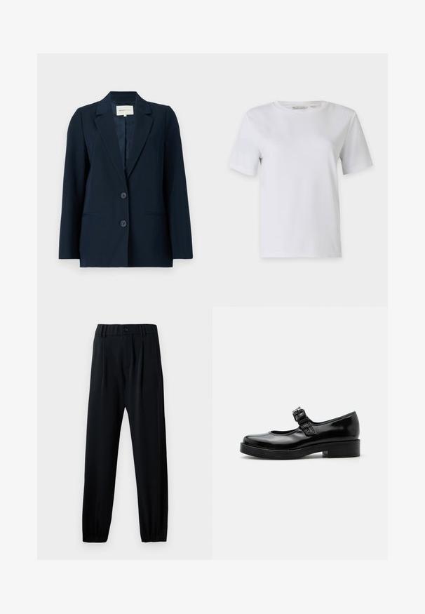 Blazer azul marino hecho de tejido suave, con diseño de un solo boton, solapas con muesca, dos botones y bolsillos laterales para mayor funcionalidad.; Camiseta blanca de manga corta hecha de algodón suave. Presenta un cuello redondo y dobladillo recto, sin patrones ni adornos.; Pantalones negros con cintura elástica y cierre de botón, diseño de pierna recta y puños fruncidos. Fabricados con una tela suave y ligera.; Zapato Mary Jane de charol negro con punta redondeada, tacón bajo de bloque y una correa ajustable con hebilla sobre el empeine.