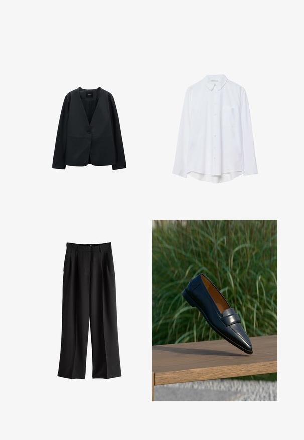 Schwarzer, strukturierter Blazer aus glattem Stoff. Verfügt über einen tiefen V-Ausschnitt, einen einzelnen Knopfverschluss und lange Ärmel mit minimalen Details.; Weißes Langarm-Hemd mit Knopfverschluss, Kragen und einer einzelnen Brusttasche, leicht geschwungener Saum, auf weißem Hintergrund präsentiert.; Schwarze, weit geschnittene Hose mit Falten und Gürtelschlaufen, auf weißem Hintergrund dargestellt.; Schwarzer Herrenschuh aus Leder mit Riemendetail, balancierend am Rand einer Holzbank vor unscharfem grünem Gras-Hintergrund.