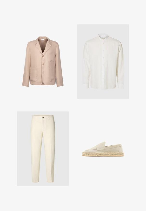 Blazer beige à simple boutonnage avec trois boutons, revers crantés, une poche poitrine et deux poches plaquées à l'avant, fabriqué en tissu léger.; Chemise blanche en lin à manches longues avec un col mandarin et des boutons nacrés sur le devant, présentée sur un fond clair uni.; Pantalon sur mesure couleur crème avec un bouton à l’avant et des passants de ceinture, présenté sur un fond uni.; Espadrille en suède beige avec un design à enfiler, présentant un bout rond, une semelle en jute tressé et des détails de couture minimalistes.