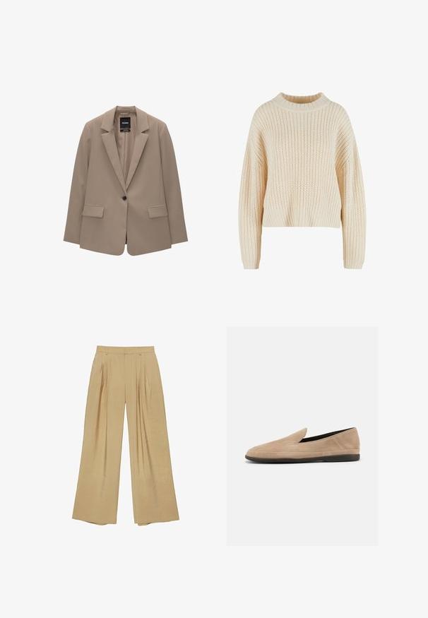 Blazer beige avec une coupe ajustée, fermeture à un bouton, revers crantés, et deux poches avant. Texture lisse, design minimaliste.; Pull en tricot crème avec un col haut en côtes, des manches larges et un motif texturé sur l'ensemble. Design court avec un ourlet en côtes.; Pantalon beige à jambes larges avec plis devant, passants de ceinture et fermeture éclair, confectionné dans un tissu léger.; Mocassin beige en daim à enfiler avec semelle noire, petit talon et bout arrondi, présenté de profil sur fond blanc.