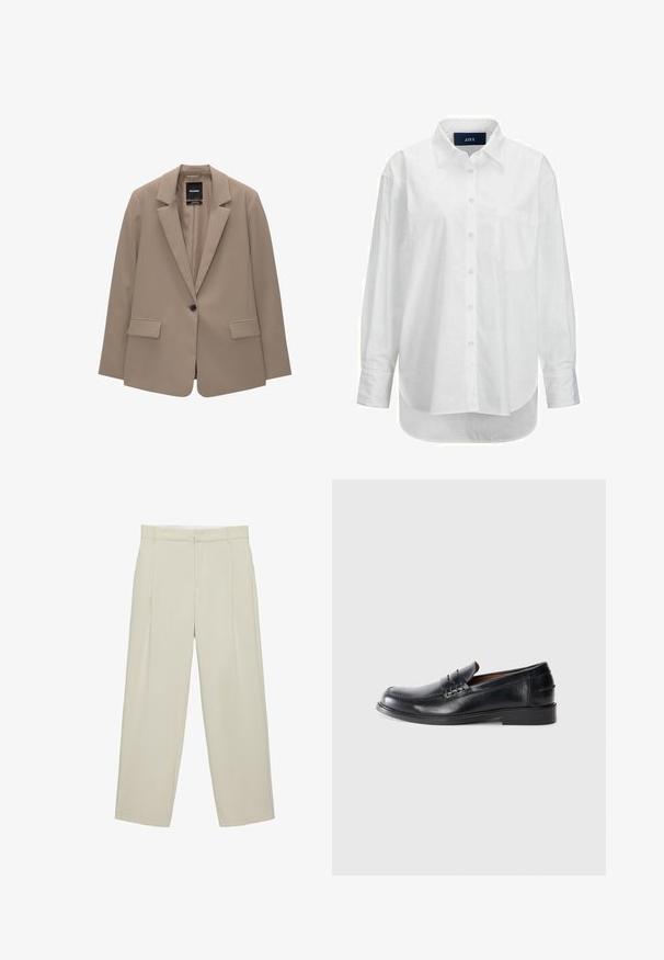 Blazer beige avec une coupe ajustée, fermeture à un bouton, revers crantés, et deux poches avant. Texture lisse, design minimaliste.; Chemise blanche à manches longues en coton doux avec un col boutonné, une poche à l'avant et un ourlet arrondi. Présente un empiècement au dos pour plus de structure.; Pantalon beige taille haute cintré avec poches latérales, passants de ceinture et fermeture éclair devant, coupe droite.; Mocassins en cuir noir avec un bout arrondi, des détails cousus et un petit talon carré. Texture lisse avec un subtil éclat.