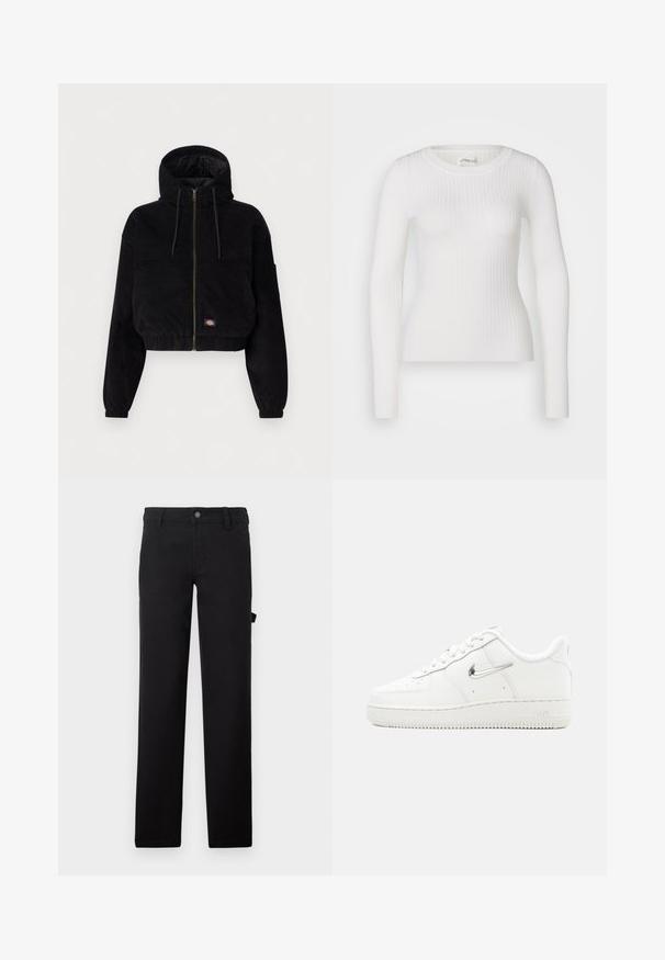 Schwarze, cropped Jacke aus Cordstoff, mit Kapuze, durchgehendem Reißverschluss und elastischen Bündchen. Beinhaltet ein gesticktes Logodetail.; Weißes langärmliges Rippoberteil mit rundem Halsausschnitt. Der Stoff ist glatt, mit einer subtilen Textur und einer figurbetonten Passform. Keine sichtbaren Beschläge oder Muster.; Schwarze Hose aus einem glatten Stoff mit geraden Beinen, einem Knopfverschluss und einer Seitenasche.; Weißer Nike Air Force 1 Sneaker mit metallisch silbernem Swoosh-Logo, Schnürsenkeln vorne, gelochtem Zehenbereich und strukturiertem Gummisohle.