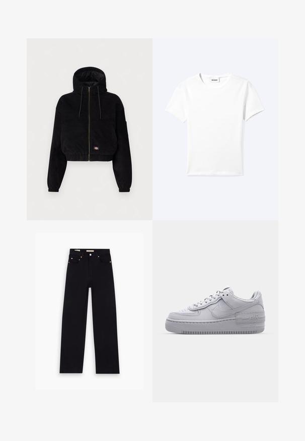 Zwart geknipte jas van corduroy stof, met een capuchon, een ritssluiting aan de voorkant en elastische manchetten. Inclusief een geborduurd logo-detail.; Effen wit T-shirt met korte mouwen en ronde hals met een klein "WEEKDAY" label aan de binnenkant van de hals, plat neergelegd op een lichte achtergrond.; Zwarte denim jeans met een recht model, vijf zakken, koperen hardware en een gladde textuur. Twee labels zichtbaar op de tailleband.; Grijze Nike Air Force 1 sneaker met geperforeerde neus, glad leren bovenwerk, dikke zool en verhoogde 'AIR' details op de hiel.