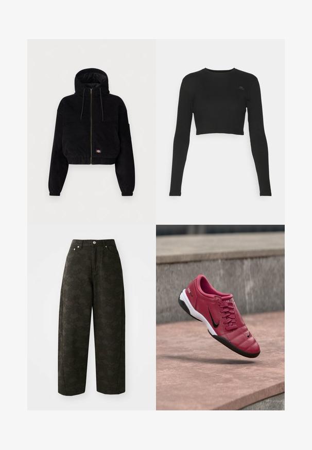 Schwarze, cropped Jacke aus Cordstoff, mit Kapuze, durchgehendem Reißverschluss und elastischen Bündchen. Beinhaltet ein gesticktes Logodetail.; Schwarzes, kurz geschnittenes Langarmtop aus geripptem Material, mit rundem Halsausschnitt und einem kleinen Markenpatch auf der Brust.; Dunkelgrüne weit geschnittene Hosen verfügen über ein strukturiertes Blumenmuster, ein Fünf-Taschen-Design und Metallknopfverschlüsse an der Taille.; Roter synthetischer Sportschuh mit gesteppter Optik, schwarzen Akzenten und weißer Sohle. Verfügt über Schnürsenkel und einen gepolsterten Schaft für zusätzlichen Komfort.