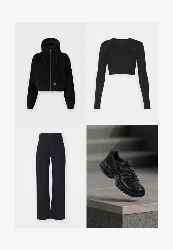 Čierna skrátená bunda vyrobená z kordu, s kapucňou, predným zipsom a elastickými manžetami. Obsahuje vyšívané logo.; Čierny cropped top s dlhým rukávom vyrobený z rebrového materiálu, s okrúhlym výstrihom a malou značkovou nášivkou na hrudi.; Čierne široké džíny s vysokým pásom, so zapínaním na prednom gombíku a zips, pútkami na opasok a dvoma prednými vreckami na bielom pozadí.; Čierna bežecká topánka Nike s sieťovinovou a syntetickou vrchnou časťou vznášajúca sa nad betónovým povrchom a schodíkmi v pozadí.