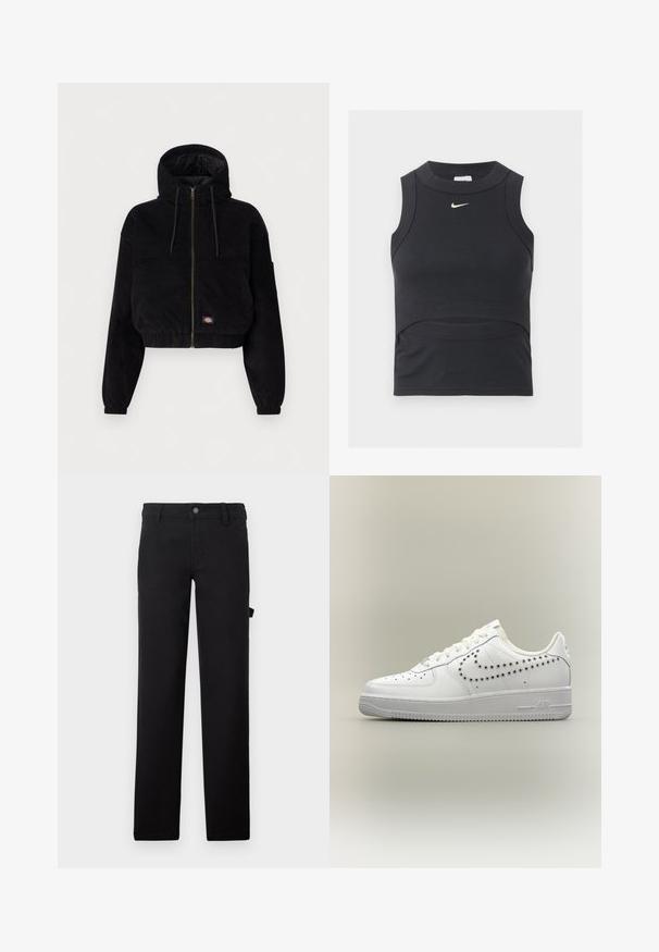 Sort cropped jakke lavet af corduroy stof, med hætte, lynlås foran og elastiske manchetter. Inkluderer en broderet logo detalje.; Sort ærmeløs cropped sportstop med ribbet tekstur og hvid Nike swoosh-logo på brystet.; Sorte bukser lavet af stof med en glat tekstur, designet med lige ben, en knaplukning og en sidelomme.; Hvid lavtop-sneaker med perforeret Nike-swoosh-design på siden, hvide snørebånd og tekstureret sål på en neutral baggrund.