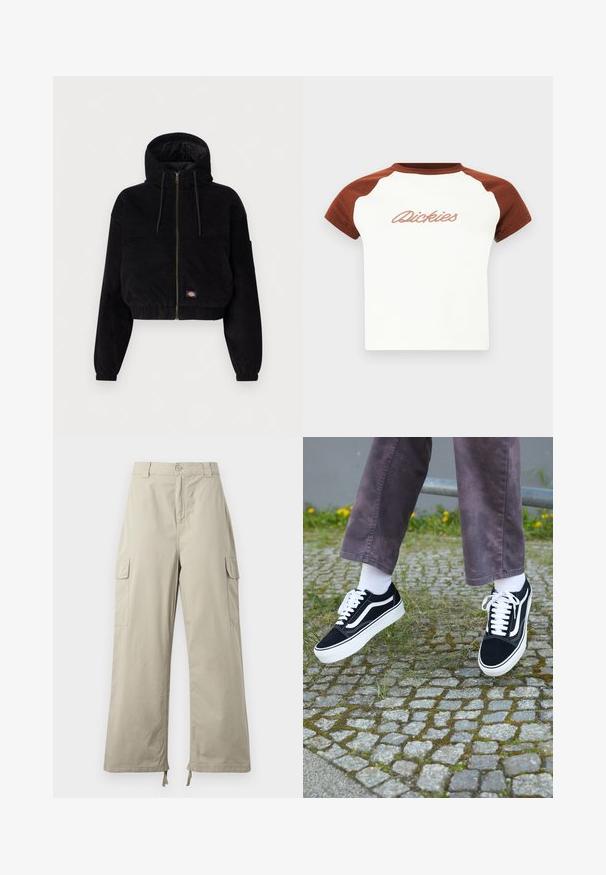Čierna skrátená bunda vyrobená z kordu, s kapucňou, predným zipsom a elastickými manžetami. Obsahuje vyšívané logo.; Polo tričko s krátkym rukávom, bieleho tela a hnedými raglánovými rukávmi. Na prednej strane s výrazným prešitím „Dickies“ cez hruď. Hladká textura.; Svetlo béžové cargo nohavice s voľným strihom, vybavené gombíkovým zapínaním, bočnými vreckami a nastaviteľným lemom so šnúrkami. Hladká textúra látky.; Čierne semišové tenisky s bielymi akcentmi, s okrúhlou špičkou, hrubou bielou podrážkou a klasickým šnurovacím dizajnom, kombinované s bielymi ponožkami a fialovými nohavicami.