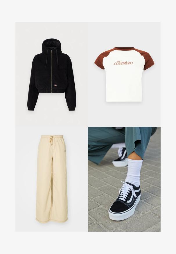 Čierna skrátená bunda vyrobená z kordu, s kapucňou, predným zipsom a elastickými manžetami. Obsahuje vyšívané logo.; Polo tričko s krátkym rukávom, bieleho tela a hnedými raglánovými rukávmi. Na prednej strane s výrazným prešitím „Dickies“ cez hruď. Hladká textura.; Béžové široké nohavice vyrobené z jemného materiálu, s elastickým pásom na šnúrku, bočnými vreckami a jemnými detailmi prešitia.; Čierne semišové tenisky s bielymi akcentmi a šnúrkami, s hrubou bielou podrážkou a kontrastným prešívaním, doplnené o bielu ponožku.