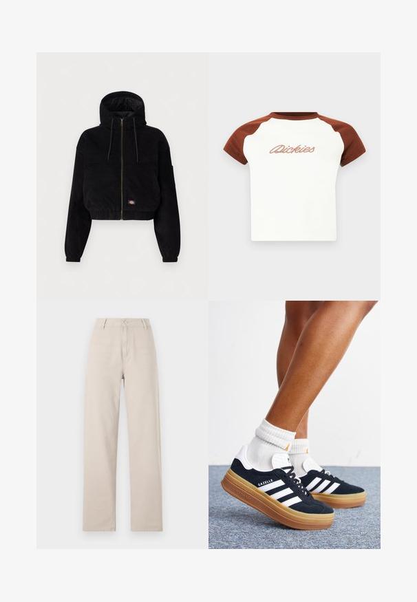 Chaqueta corta negra de tejido de pana, con capucha, cierre frontal de cremallera y puños elásticos. Incluye un detalle de logotipo bordado.; Camiseta de manga corta con un cuerpo blanco y mangas raglán marrones. Presenta "Dickies" en un bordado estilizado en el pecho. Textura suave.; Pantalones de pierna ancha beige fabricados en algodón, con cierre frontal de botones, trabillas para cinturón y un ajuste clásico con líneas limpias.; Piernas con calcetines blancos y zapatillas Adidas Gazelle negras con rayas blancas y suelas marrones gruesas sobre un suelo alfombrado gris.