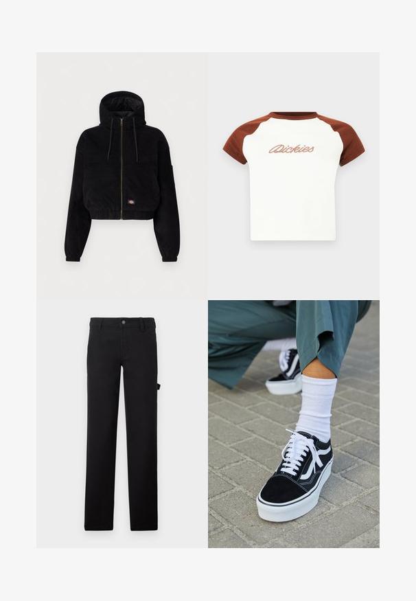 Zwart geknipte jas van corduroy stof, met een capuchon, een ritssluiting aan de voorkant en elastische manchetten. Inclusief een geborduurd logo-detail.; Kortekous T-shirt met een witte body en bruine raglanmouwen. Bevat "Dickies" in gestileerde stiksels over de borst. Glad materiaal.; Zwarte broek van stof met een gladde textuur, ontworpen met rechte pijpen, een knoopsluiting en een zijzak.; Zwarte suède sneaker met witte accenten en veters, uitgerust met een dikke witte zool en contrasterende stiksels, gecombineerd met een witte sok.