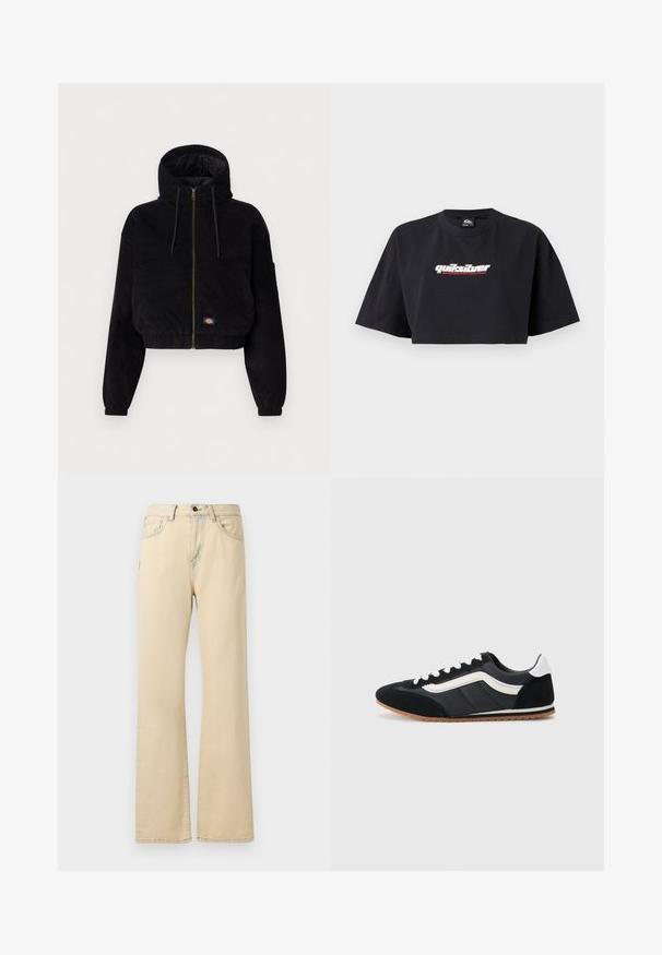 Čierna skrátená bunda vyrobená z kordu, s kapucňou, predným zipsom a elastickými manžetami. Obsahuje vyšívané logo.; Čierny crop top tričko, krátke rukávy, vyrobené z bavlny. Na prednej strane zobrazuje logo "Quiksilver Boarding Company" v bielej a červenej farbe.; Béžové široké džínsy vyrobené z denimu, s vysokým pásom, prednými vreckami, zapínaním na gombík a kontrastným stehom.; Čierna športová obuv s vrchnou časťou z semišu a textilu, bielymi akcentmi, šiestimi okami a gumovou podrážkou. Elegantný tvar s nízkym profilom.