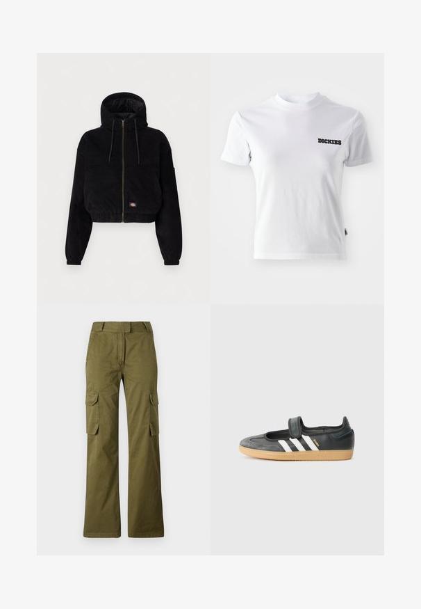 Schwarze, cropped Jacke aus Cordstoff, mit Kapuze, durchgehendem Reißverschluss und elastischen Bündchen. Beinhaltet ein gesticktes Logodetail.; Weißes kurzärmeliges T-Shirt aus Baumwolle mit Rundhalsausschnitt und schwarzem "DICKIES"-Logo auf der linken Brustseite. Glatte Textur und taillierte Passform.; Olivgrüne Cargo-Hose aus Baumwollmischung, mit geradem Bein, zwei seitlichen Taschen und einem Knopfverschluss am Bund.; Schwarze Leder- und Wildledersneaker mit einem Klettverschluss, ausgestattet mit drei weißen Streifen und einer Gummisohle, beschriftet mit "SAMBA" an der Seite.
