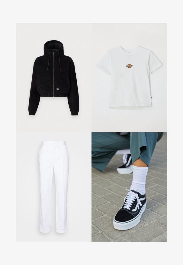 Schwarze, cropped Jacke aus Cordstoff, mit Kapuze, durchgehendem Reißverschluss und elastischen Bündchen. Beinhaltet ein gesticktes Logodetail.; Weißes Baumwoll-T-Shirt mit einem runden Logo und mehrfarbigen Akzenten. Kurze Ärmel und runder Halsausschnitt, mit einem kleinen Etikett am Saum.; Weiße, gerade geschnittene Hosen aus Baumwolle. Mit flachem Bund, Gürtelschlaufen und ohne sichtbare Taschen. Glatte Textur und minimalistisches Design.; Schwarze Wildledersneaker mit weißen Akzenten und Schnürsenkeln, ausgestattet mit einer dicken weißen Sohle und kontrastierenden Nähten, kombiniert mit einer weißen Socke.