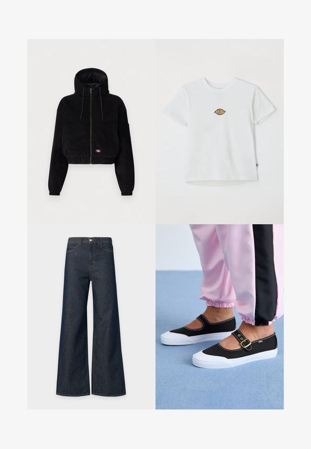 Schwarze, cropped Jacke aus Cordstoff, mit Kapuze, durchgehendem Reißverschluss und elastischen Bündchen. Beinhaltet ein gesticktes Logodetail.; Weißes Baumwoll-T-Shirt mit einem runden Logo und mehrfarbigen Akzenten. Kurze Ärmel und runder Halsausschnitt, mit einem kleinen Etikett am Saum.; Hoch taillierte dunkelblaue weit geschnittene Jeans aus Denim mit Knopf- und Reißverschluss vorne sowie Vordertaschen, dargestellt vor hellem Hintergrund.; Schwarze Leinenschuhe mit einer weißen Sohle, die ein Ausschnittdesign und einen goldenen Schnallenriegel aufweisen. Getragen mit rosa Sporthosen.
