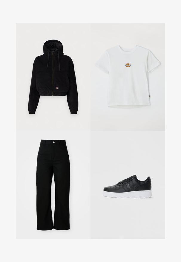 Schwarze, cropped Jacke aus Cordstoff, mit Kapuze, durchgehendem Reißverschluss und elastischen Bündchen. Beinhaltet ein gesticktes Logodetail.; Weißes Baumwoll-T-Shirt mit einem runden Logo und mehrfarbigen Akzenten. Kurze Ärmel und runder Halsausschnitt, mit einem kleinen Etikett am Saum.; Schwarze, hoch taillierte, gerade geschnittene Hose mit Vordertaschen, Gürtelschlaufen und einem silbernen Knopfverschluss auf weißem Hintergrund.; Schwarze Ledersneaker mit perforierter Zehenpartie, weißer Gummi-Sohle und strukturiertem Nike-Logo. Verfügt über runde Schnürsenkel und einen gepolsterten Schaft.