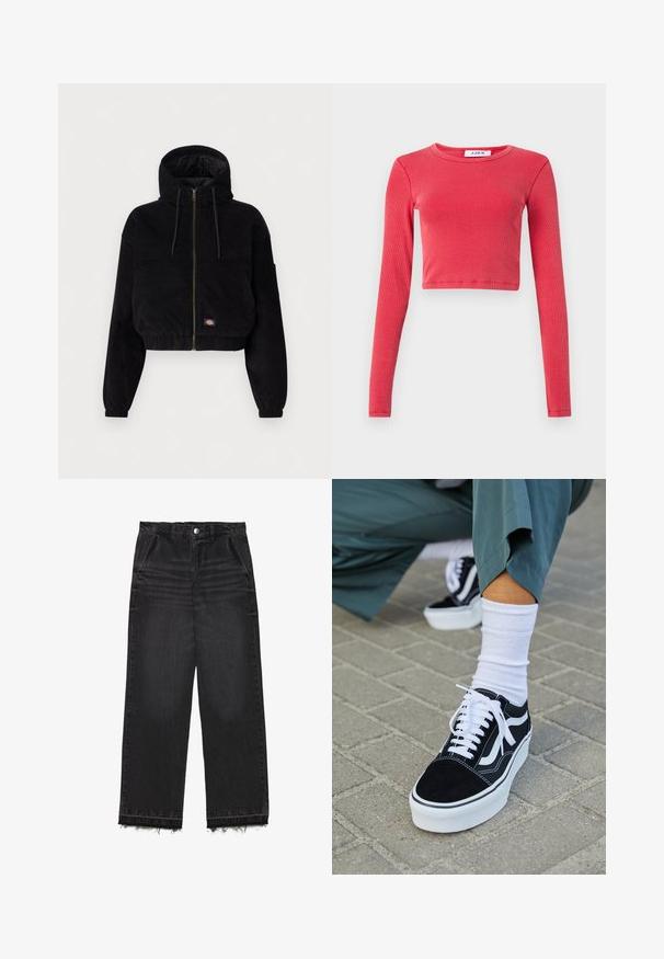 Čierna skrátená bunda vyrobená z kordu, s kapucňou, predným zipsom a elastickými manžetami. Obsahuje vyšívané logo.; Dlhý rukáv, skrátený top s rebrovanou textúrou, s okrúhlym výstrihom. Farba: žiarivá červená. Obsahuje štítok na krku s nápisom "JJXX."; Čierne džínsové nohavice so strihom rovnej nohy. Majú vysoký pás, rozstrapkaný lem a jemne vyblednutú textúru po celom povrchu. Zahrnuté sú predné vrecká.; Čierne semišové tenisky s bielymi akcentmi a šnúrkami, s hrubou bielou podrážkou a kontrastným prešívaním, doplnené o bielu ponožku.