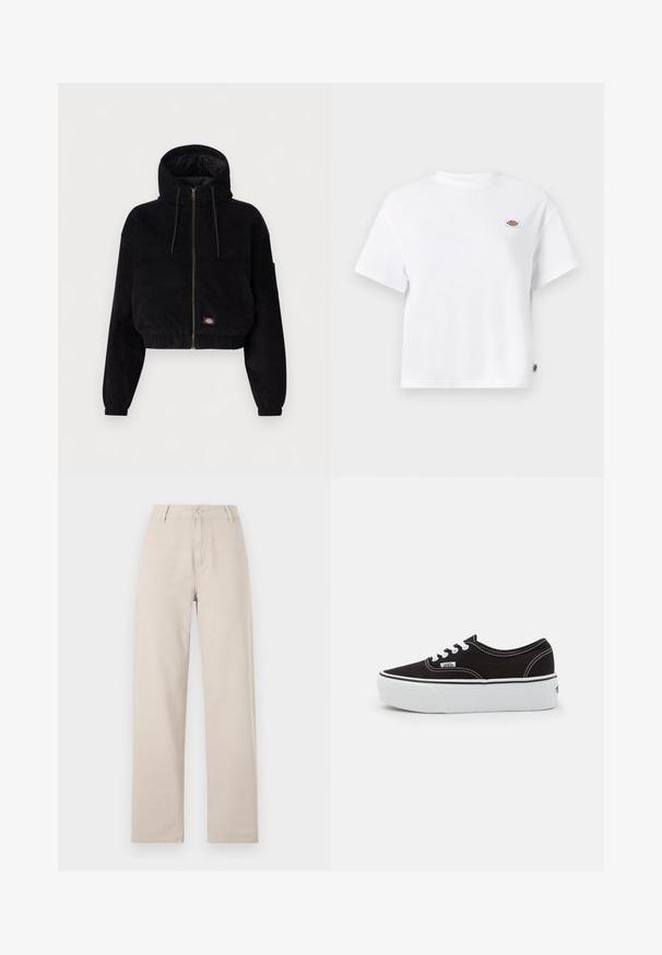 Zwart geknipte jas van corduroy stof, met een capuchon, een ritssluiting aan de voorkant en elastische manchetten. Inclusief een geborduurd logo-detail.; Witte katoenen T-shirt met een relaxte pasvorm, voorzien van een klein logo-opdruk op de borst en een label aan de zijkant voor een extra detail.; Beige wijde broek van katoen, met een sluiting aan de voorkant met knoop, riemlussen en een klassieke pasvorm met strakke lijnen.; Zwarte canvas sneaker met een witte rubberen platformzool, voorzien van witte veters en stiksels, iconische branding op de zijkant, low-top ontwerp.