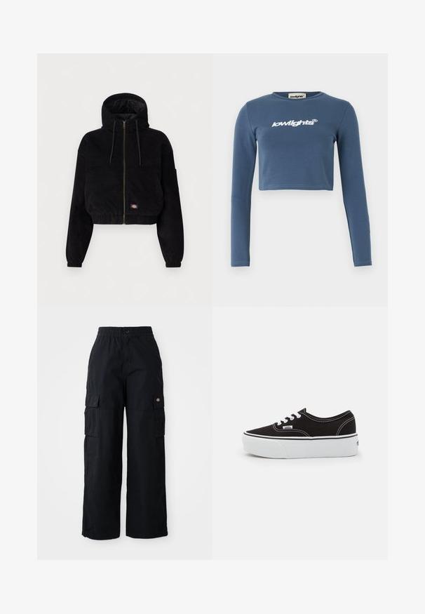 Schwarze, cropped Jacke aus Cordstoff, mit Kapuze, durchgehendem Reißverschluss und elastischen Bündchen. Beinhaltet ein gesticktes Logodetail.; Blauses, kurz geschnittenes Langarmshirt aus weicher Baumwolle, mit einem weißen, gestickten "lowlights"-Logo auf der Vorderseite. Glatte Textur, gerippter Halsausschnitt.; Schwarze Cargo-Hosen mit elastischem Bund und Knopf. Sie verfügen über zwei große Seitentaschen und ein Aufnählogo am linken Bein. Weites Bein-Design.; Schwarze Leinensneaker mit einer weißen Gummiplattformsohle, weißen Schnürsenkeln und Nähten, ikonischer Markenaufdruck an der Seite, im Low-Top-Design.