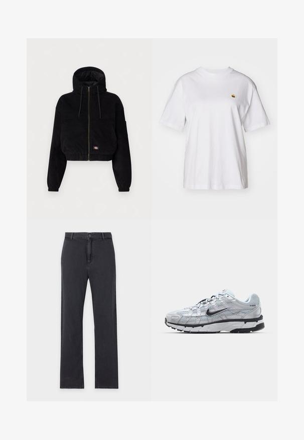 Sort cropped jakke lavet af corduroy stof, med hætte, lynlås foran og elastiske manchetter. Inkluderer en broderet logo detalje.; Hvid bomulds-t-shirt med en afslappet pasform, korte ærmer og et lille broderet logo på venstre brystområde.; Straight-leg sorte jeans med forreste knap- og lynlåslukning, bæltestropper og klassisk fem-lommer design, lagt fladt på hvid baggrund.; Nike P-6000 sneakers med en lys grå mesh overdel, sorte accenter og en holdbar sort gummisål. Har et detaljeret design og snøresystem.