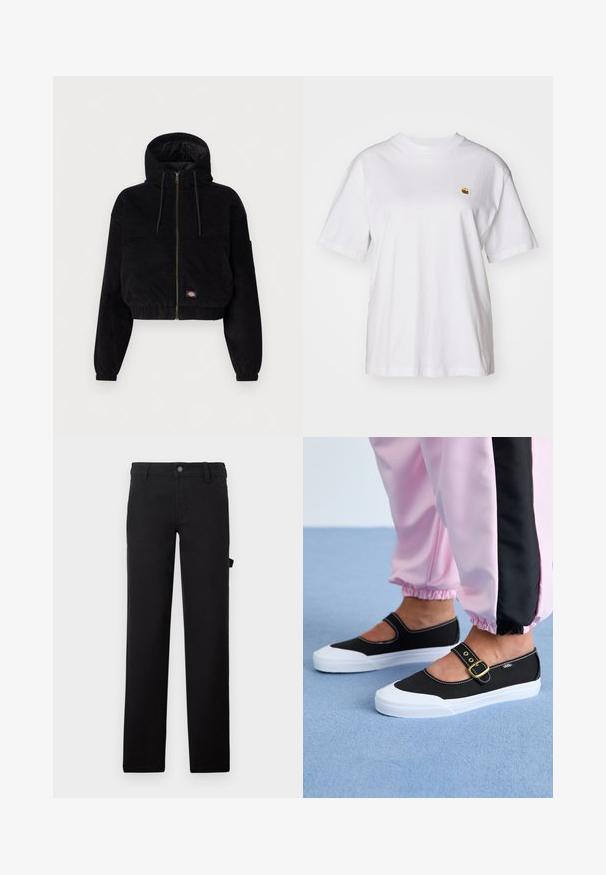 Schwarze, cropped Jacke aus Cordstoff, mit Kapuze, durchgehendem Reißverschluss und elastischen Bündchen. Beinhaltet ein gesticktes Logodetail.; Weißes Baumwoll-T-Shirt mit lockerem Schnitt, kurzen Ärmeln und einem kleinen gestickten Logo auf der linken Brustseite.; Schwarze Hose aus einem glatten Stoff mit geraden Beinen, einem Knopfverschluss und einer Seitenasche.; Schwarze Leinenschuhe mit einer weißen Sohle, die ein Ausschnittdesign und einen goldenen Schnallenriegel aufweisen. Getragen mit rosa Sporthosen.