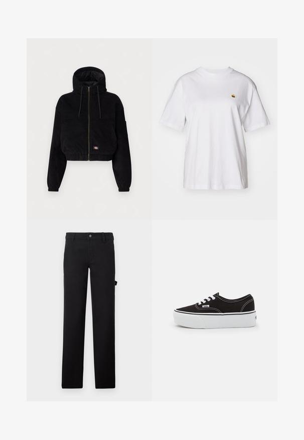 Sort cropped jakke lavet af corduroy stof, med hætte, lynlås foran og elastiske manchetter. Inkluderer en broderet logo detalje.; Hvid bomulds-t-shirt med en afslappet pasform, korte ærmer og et lille broderet logo på venstre brystområde.; Sorte bukser lavet af stof med en glat tekstur, designet med lige ben, en knaplukning og en sidelomme.; Sort lærred sneakers med en hvid gummi platform sål, der har hvide snørebånd og syninger, ikonisk branding på siden, lav-top design.