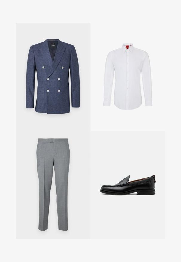 Marineblauer Doppelreiher-Blazer mit sechs weißen Knöpfen, Revers mit Einfassung, Vordertaschen und BOSS Markenetikett innen am Kragen.; Weißes Langarmhemd mit Kragen, ausgestattet mit einer durchgehenden Knopfleiste und weichem, glattem Stoff. Keine Muster oder Akzente sichtbar.; Grau maßgeschneiderte Hose aus strukturiertem Stoff, mit flachem Vorderteil, Gürtelschlaufen und zwei Seitentaschen. Gerades Bein-Design.; Schwarzer Leder-Herrenschuh mit Mokassinnaht, Penny-Riemen, strukturiertem Kragen und niedrigem gestapeltem Absatz auf weißem Hintergrund.