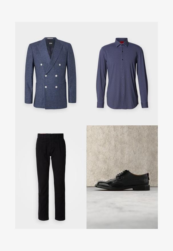 Mørkeblå dobbeltradet blazer med seks hvide knapper, notch revers, forlommer og BOSS mærke inde i kraven.; Navyblå langærmet skjorte med knapper, små hvide diamantmønstre, blødt stof, knappede manchetter og klassisk krave.; Sorte bomuldschinos med lige ben, der har en flad front, bæltestropper og lukning med en enkelt knap. Glat tekstur uden synlige mønstre.; Sort læder brogue-sko med wingtip-design, svævende over beige tæppe nær buet orange møbel.