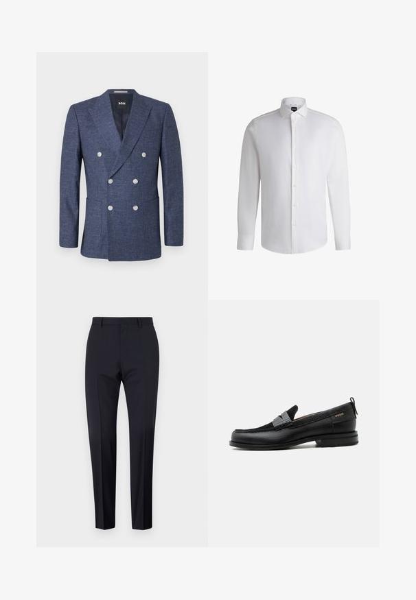 Marineblauwe dubbelgeknoopte blazer met zes witte knopen, inkeping revers, voorzakken en BOSS merklabel binnen de kraag.; Witte lange mouwen shirt van soepel katoen, met een klassieke kraag, volledige knoopsluiting en knoopmanchetten. Minimalistisch ontwerp.; Marineblauwe op maat gemaakte broek, met platte voorkant, slim fit, voorzien van riemlussen en zijzakken. Gladde stof met een frisse afwerking, zonder zichtbare patronen of accenten.; Zwarte leren loafer met grijs riemdetailelement, lage hak en gestructureerde zool, aan de zijkant gebrandmerkt met "HUGO" in goud.