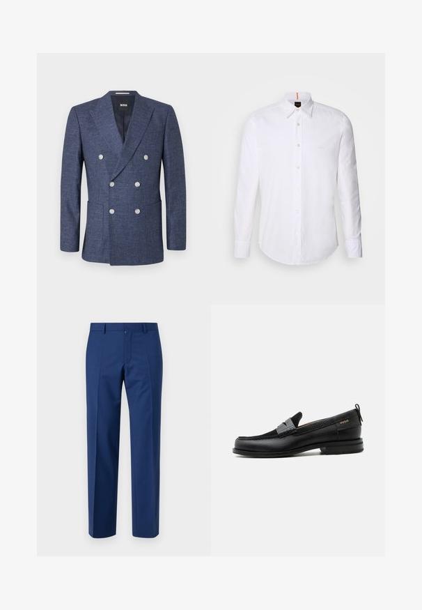 Marineblauer Doppelreiher-Blazer mit sechs weißen Knöpfen, Revers mit Einfassung, Vordertaschen und BOSS Markenetikett innen am Kragen.; Weiße langärmlige Button-Down-Hemd aus Baumwolle, mit klassischem Kragen, subtiler Logo-Detailierung auf der Brust und weißen Knöpfen.; Marineblaue Hose mit gerade geschnittenem Bein, flachem Vorderteil, subtiler Textur, Gürtelschlaufen und Reißverschluss.; Schwarzer Lederloafer mit grauem Riemendetail, niedrigem Absatz und strukturierter Sohle, seitlich mit „HUGO“ in Gold gebrandmarkt.
