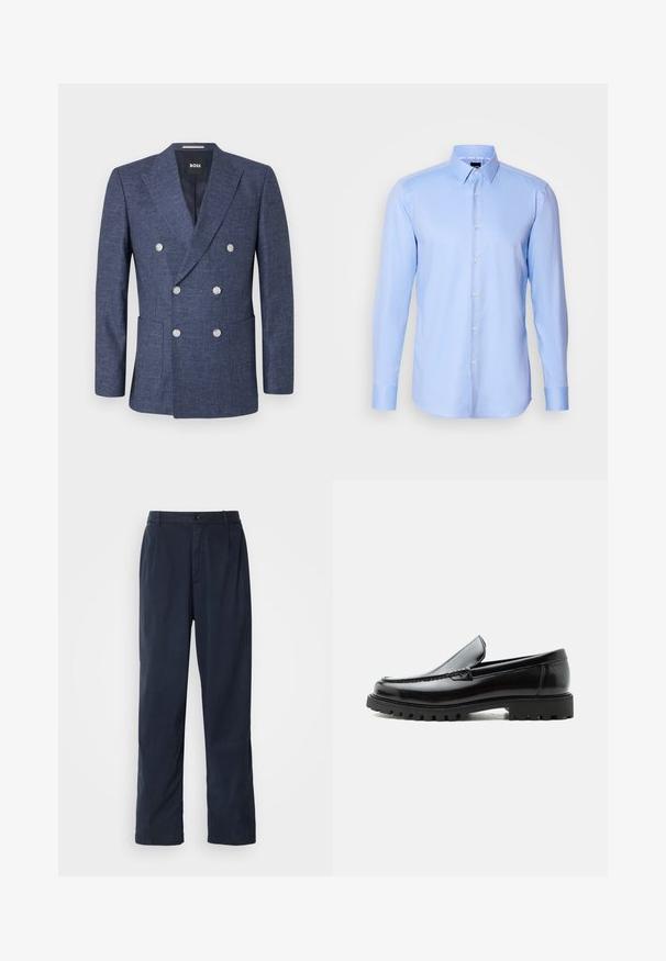 Marineblauwe dubbelgeknoopte blazer met zes witte knopen, inkeping revers, voorzakken en BOSS merklabel binnen de kraag.; Lichtblauwe langemouwen overhemden van gestructureerde stof met een puntkraag en klassieke knoopsluiting aan de voorkant.; Navyblauwe broek van een katoenmix. Heeft een recht model, een sluiting met een voorste knoop en subtiele plooien. Gladde textuur.; Zwarte leren loafer met dikke rubberen zool, gestikte bovenkant en gegraveerde merknaam op de hiel, zijaanzicht op witte achtergrond.