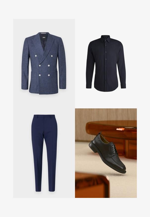 Marineblauer Doppelreiher-Blazer mit sechs weißen Knöpfen, Revers mit Einfassung, Vordertaschen und BOSS Markenetikett innen am Kragen.; Dunkelblaues Langarmhemd aus gewebtem Stoff, mit einem Button-Down-Kragen und passenden Knöpfen, mit glatter Textur und taillierter Passform.; Marineblau maßgeschneiderte Hose mit schlanker Passform, die eine glatte Textur, einen flachen Vorderteil und gepolsterte Beine aufweist. Keine sichtbaren Taschen oder Verzierungen.; Schwarzer Leder-Schnürschuh mit texturierter Vorderseite, schwebend über beigem Teppich in einem modernen Raum mit bernsteinfarbenen Möbeln.