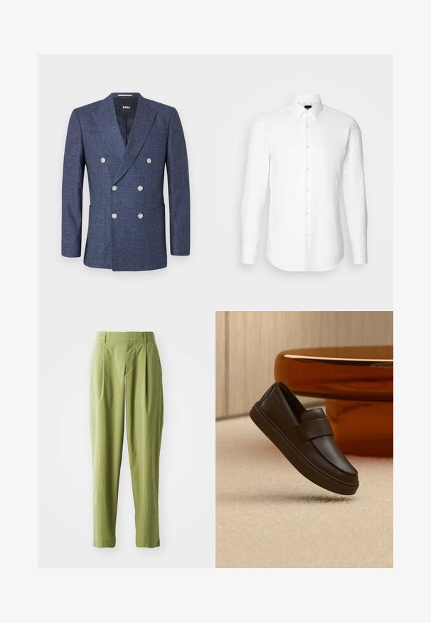 Marineblauer Doppelreiher-Blazer mit sechs weißen Knöpfen, Revers mit Einfassung, Vordertaschen und BOSS Markenetikett innen am Kragen.; Weißes Langarmhemd, vorne mit Knöpfen, klassischer Kragen, aus glattem Stoff mit feiner Textur, für eine figurnahe Passform entworfen.; Hellgrüne Hose aus einem strukturierten Stoff, mit geradem Schnitt, Falten an der Vorderseite und einem normalen Bund.; Ein einzelner dunkelbrauner Ledermokassin, der über einem cremefarbenen Teppich mit rundem orangefarbenem Tisch im Hintergrund schwebt.