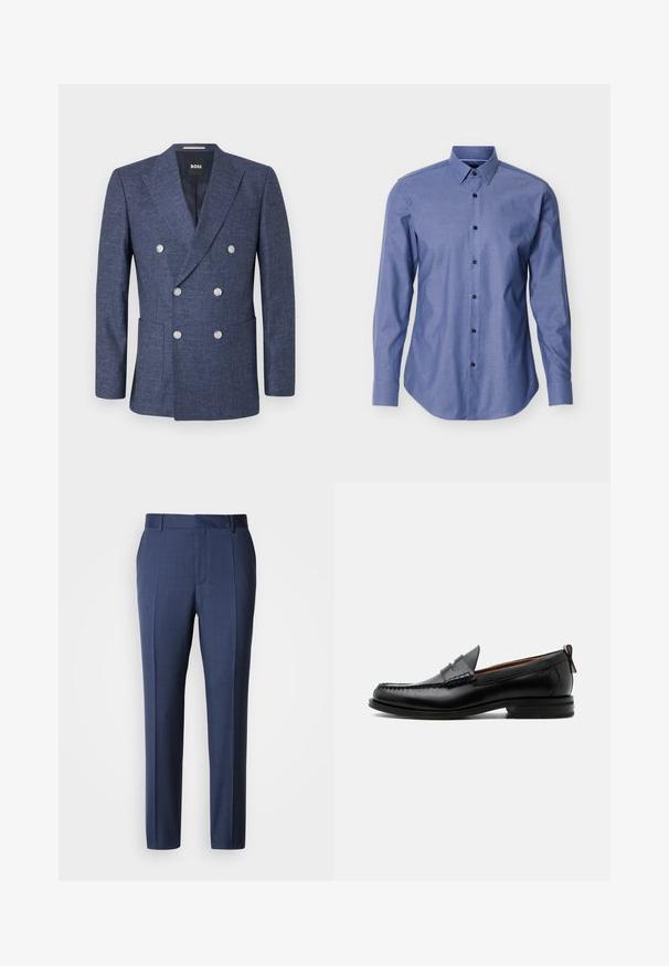 Marineblauer Doppelreiher-Blazer mit sechs weißen Knöpfen, Revers mit Einfassung, Vordertaschen und BOSS Markenetikett innen am Kragen.; Langarm-Blaues Hemd mit spitzem Kragen und schwarzen Knöpfen vorne, vor weißem Hintergrund dargestellt.; Dunkelblaue, maßgeschneiderte Hose aus glattem Stoff, mit flacher Vorderseite, Gürtelschlaufen und gebügelten Bügelfalten für ein gepflegtes Erscheinungsbild.; Schwarzer Leder-Herrenschuh mit Mokassinnaht, Penny-Riemen, strukturiertem Kragen und niedrigem gestapeltem Absatz auf weißem Hintergrund.