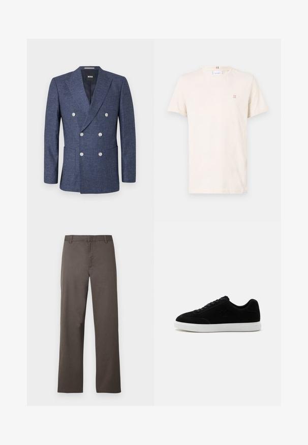 Marineblauer Doppelreiher-Blazer mit sechs weißen Knöpfen, Revers mit Einfassung, Vordertaschen und BOSS Markenetikett innen am Kragen.; Cremefarbendes Baumwoll-T-Shirt, Rundhalsausschnitt, kurze Ärmel, mit einem kleinen orangefarbenen "II"-Logo auf der Brust und einem mehrfarbigen Streifen am Kragen.; Braune Baumwollhosen mit geradem Bein, ausgestattet mit Gürtelschlaufen und einer glatten Textur. Keine sichtbaren Muster oder Hardwaredetails.; Schwarzer Sneaker mit niedrigem Schaft und Schnürung vorne, dezentes "ck" Logo an der Seite und dicker weißer Gummisohle auf schlichtem hellem Hintergrund.