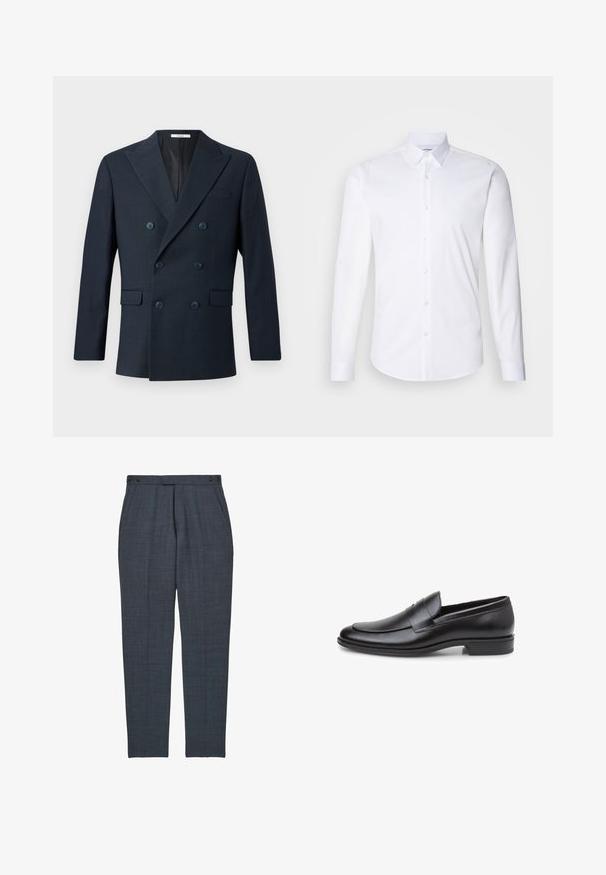 Marineblauwe dubbele blazer van geweven stof, met brede revers, vier blauwe knopen en twee opgestikte zakken met een subtiel ruitpatroon.; Witte lange mouwen knoopshirt gemaakt van gladde katoenstof, met een klassieke kraag, knoopsluiting en een gebogen zoom.; Donkergrijze op maat gemaakte broek met zijzakken en knoopsluitbare verstelbare tailleband, smalle rechte pijp.; Zwarte leren loafer met een gebogen silhouet, gestikte details langs de rand en een platte rubberen zool voor grip.