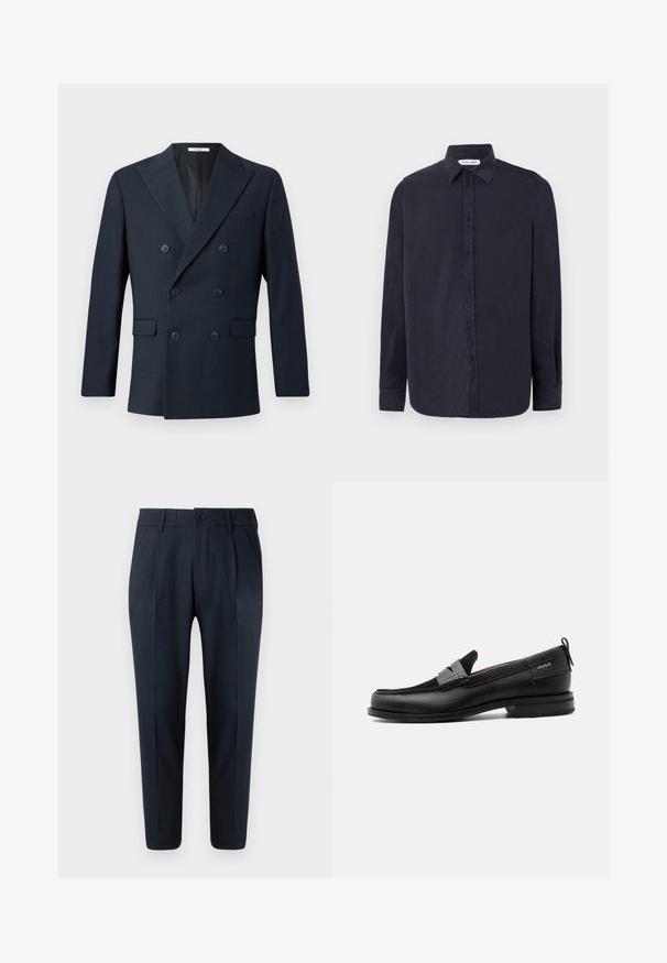 Marineblauer doppelreihiger Blazer aus strukturiertem Stoff, mit breiten Revers, vier blauen Knöpfen und zwei vorderen Taschen mit einem dezenten Karomuster.; Samsøe Samsøe RYAN SHIRT - Hemd - salute; Marineblaue Hose mit geradem Schnitt, ausgestattet mit einem Knopfverschluss, Falten an der Vorderseite und einem elastischen Bund für zusätzlichen Komfort. Glatte Textur.; Schwarzer Lederloafer mit grauem Riemendetail, niedrigem Absatz und strukturierter Sohle, seitlich mit „HUGO“ in Gold gebrandmarkt.