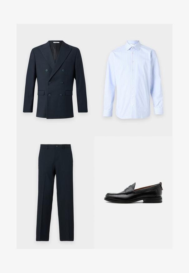 Marineblå dobbeltbrystet blazer i tekstureret stof med brede revers, fire blå knapper og to frontlommer med et subtilt ternet mønster.; Lyseblå og hvidstribet langærmet skjorte med klassisk krave, knaplukning foran og manchetter, lavet af et glat stof.; Sorte slim-fit bukser med knap- og lynlåslukning, bæltestropper og lige ben.; Sort læder herre loafer med moc-tå syning, penny strop, struktureret krave og lav stablet hæl på hvid baggrund.