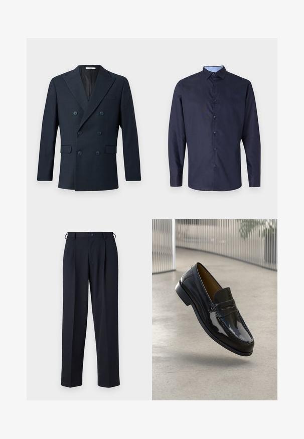 Marineblauer doppelreihiger Blazer aus strukturiertem Stoff, mit breiten Revers, vier blauen Knöpfen und zwei vorderen Taschen mit einem dezenten Karomuster.; Marineblaues Langarmshirt aus glattem Stoff, mit klassischem Kragen, Vorderknöpfen und einem hellblauen Karomuster am Innenkragen.; Marineblaue, maßgeschneiderte Hose mit Knopf- und Reißverschluss vorne, Gürtelschlaufen und Seitentaschen, gezeigt auf weißem Hintergrund.; Schwarze Lacklederloafers mit einer gestickten Akzentuierung, runder Zehenpartie, niedrigem Absatz und glatter Oberfläche, vor einem neutralen Hintergrund präsentiert.