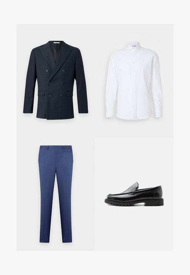Marineblauer doppelreihiger Blazer aus strukturiertem Stoff, mit breiten Revers, vier blauen Knöpfen und zwei vorderen Taschen mit einem dezenten Karomuster.; Weißes langärmliges Hemd mit Knopfleiste aus glattem Baumwollstoff. Verfügt über einen klassischen Kragen, eine Knopfleiste auf der Vorderseite und einen geraden Saum.; Blaue maßgeschneiderte Herrenanzughosen mit Gürtelschlaufen, Reißverschluss vorne und Bügelfalten, vor einem weißen Hintergrund präsentiert.; Schwarzer Lederloafer mit grober Gummisohle, genähter Oberseite und geprägtem Markennamen an der Ferse, seitlich auf weißem Hintergrund gezeigt.
